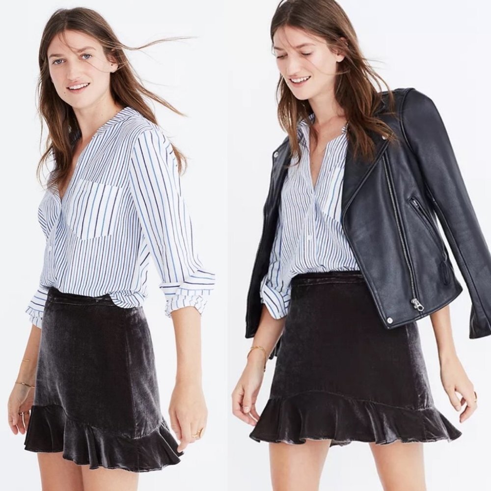 Madewell Velvet Ruffled Edge Silk Skirt Black Size 2 Flirty Super Soft Velour - Picture 2 of 11